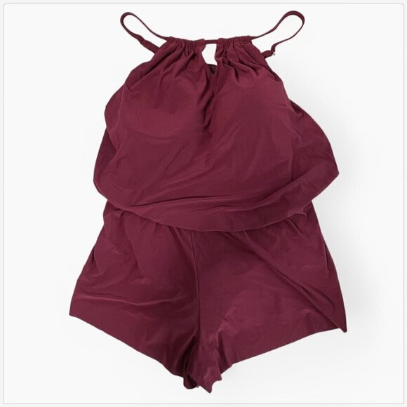 AquaGreen Burgundy Currant High Neck Swim Romper One Piece Swimsuit NWT Plus 20W - Picture 3 of 6
